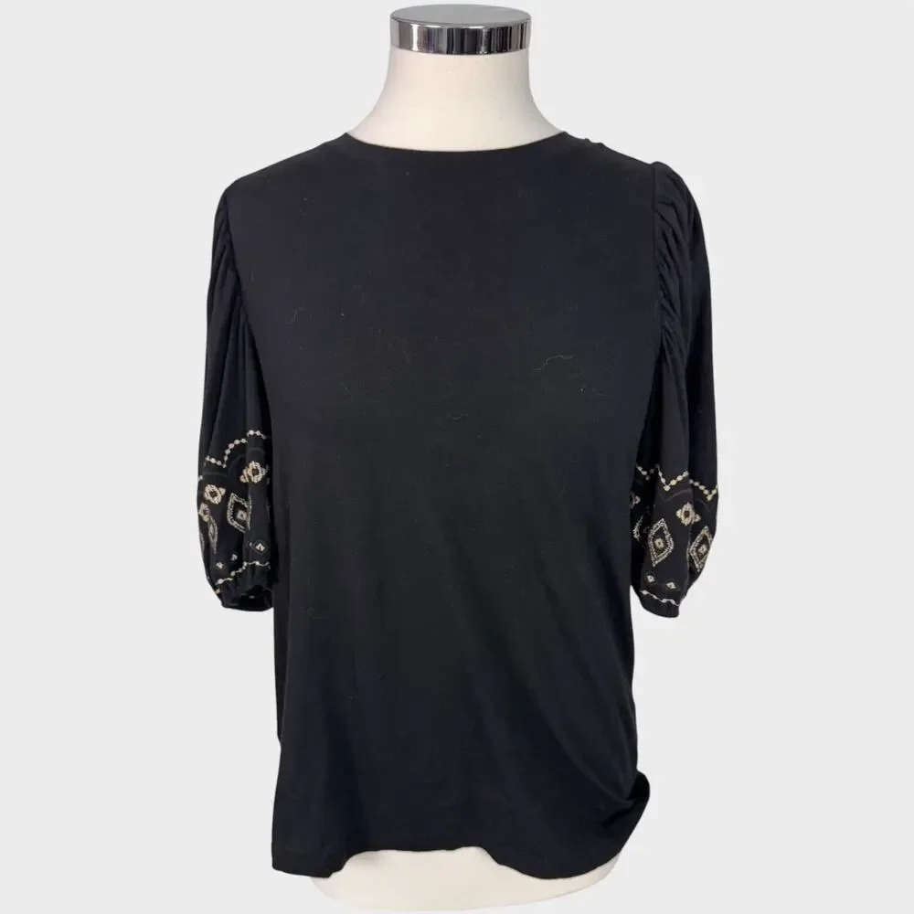 LOFT Womens Medium Black Puff Sleeve Top 100% Cotton